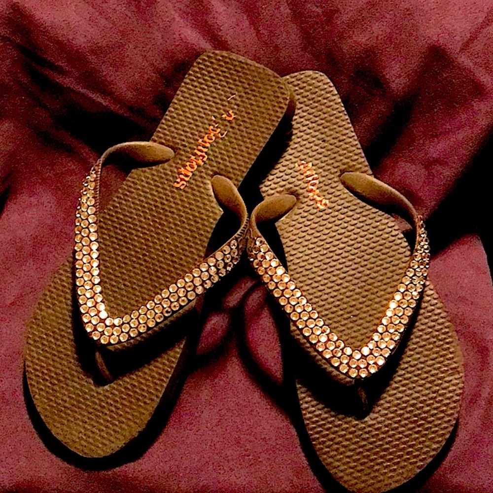 Womens Rose Gold Swarovski Crystals bling Flip Flops Size 9